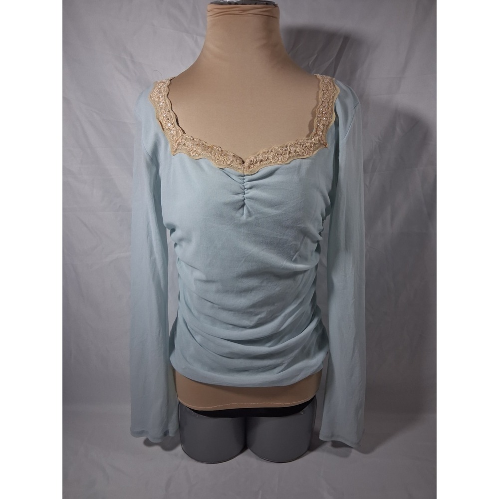 Studio Y Blue Long Sleeve Lace Trim Sequin Ruched Top Large T8807-80MK